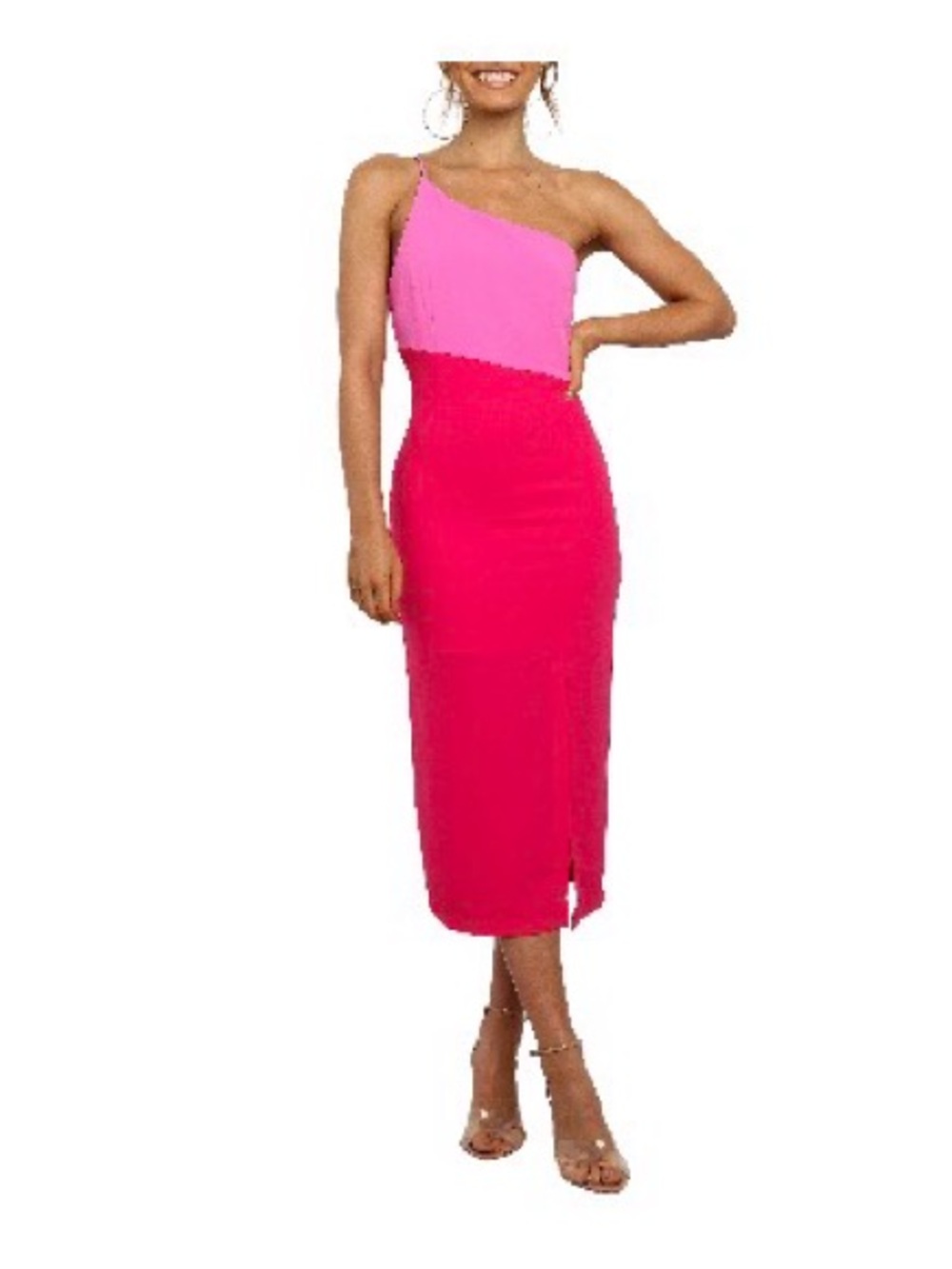Petal and Pup Xiomar. One-Shoulder Colorblock Midi Dress in Hot Pink